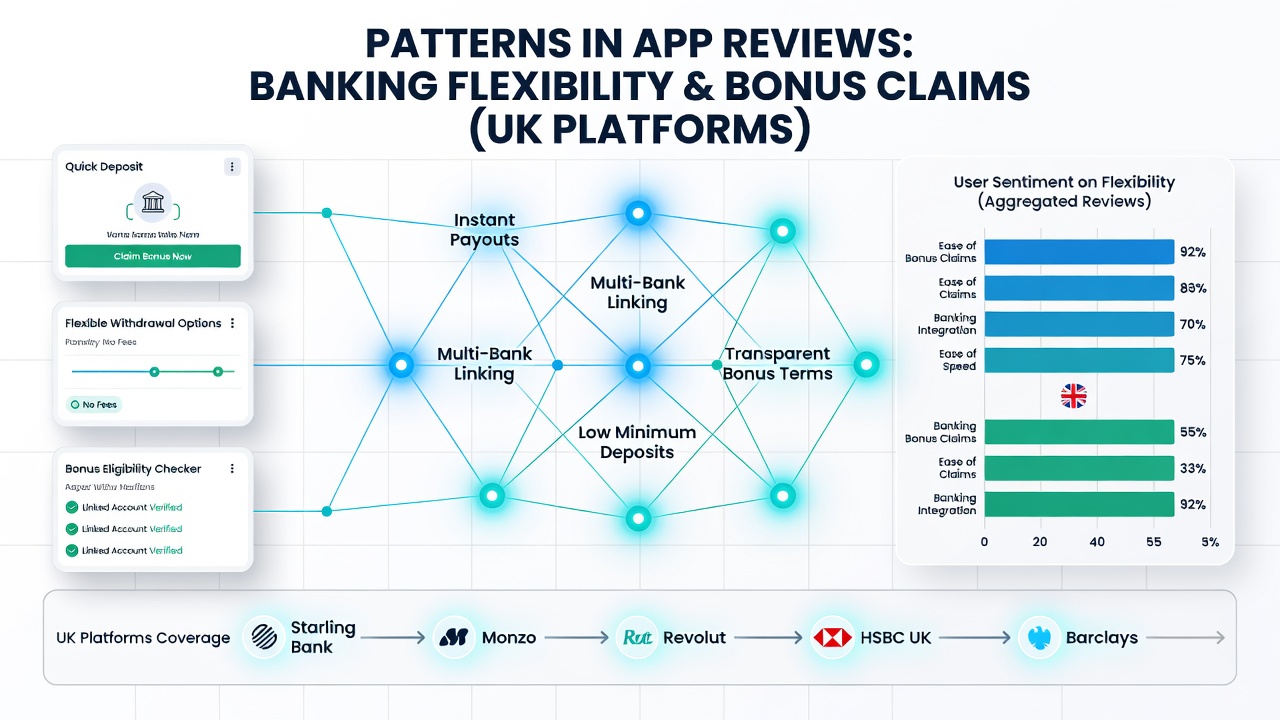 Screenshots of user reviews discussing quick bonus redemptions via flexible banking channels on UK apps